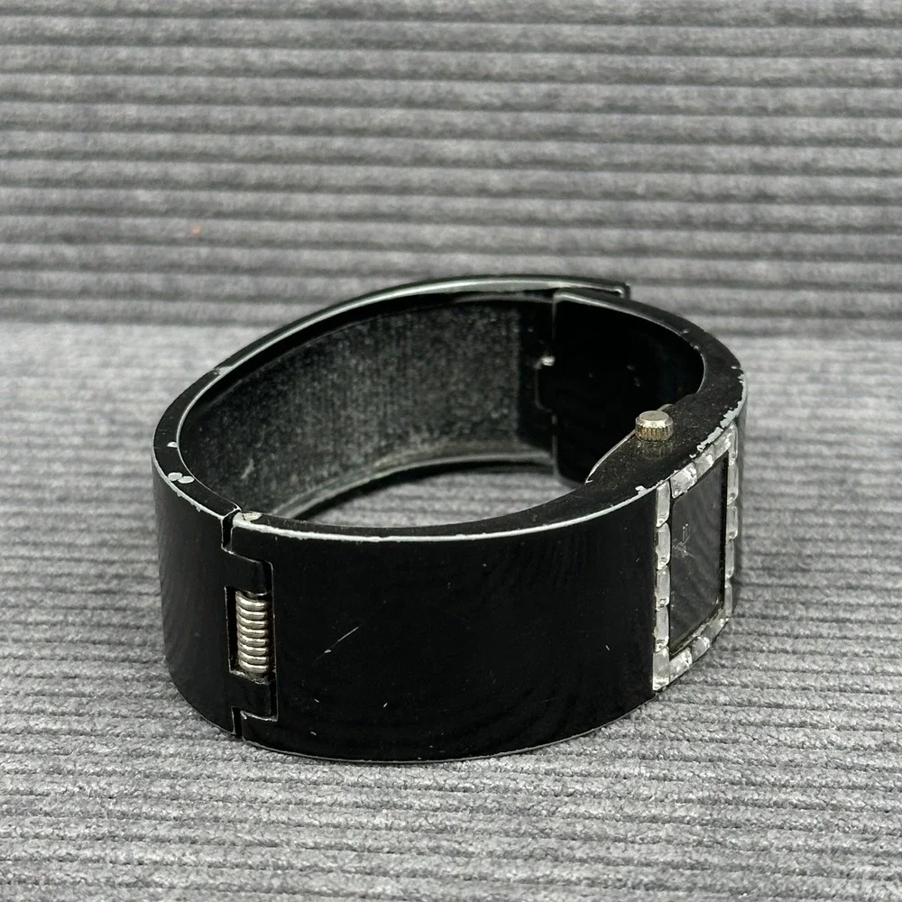 Womens Black Cuff Watch Baguette Accents Japan Movt Stainless Back